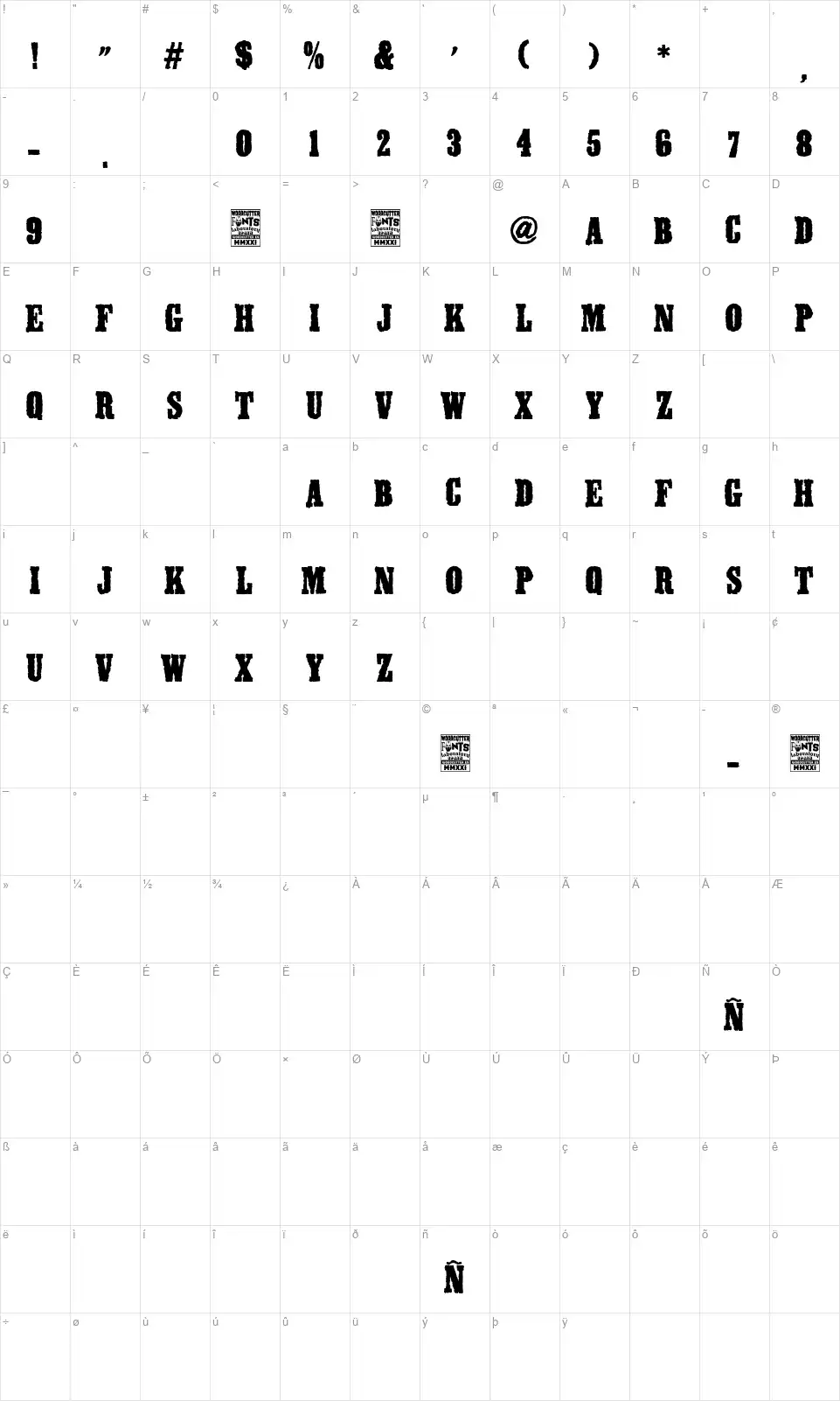 Frontier Townfont character map