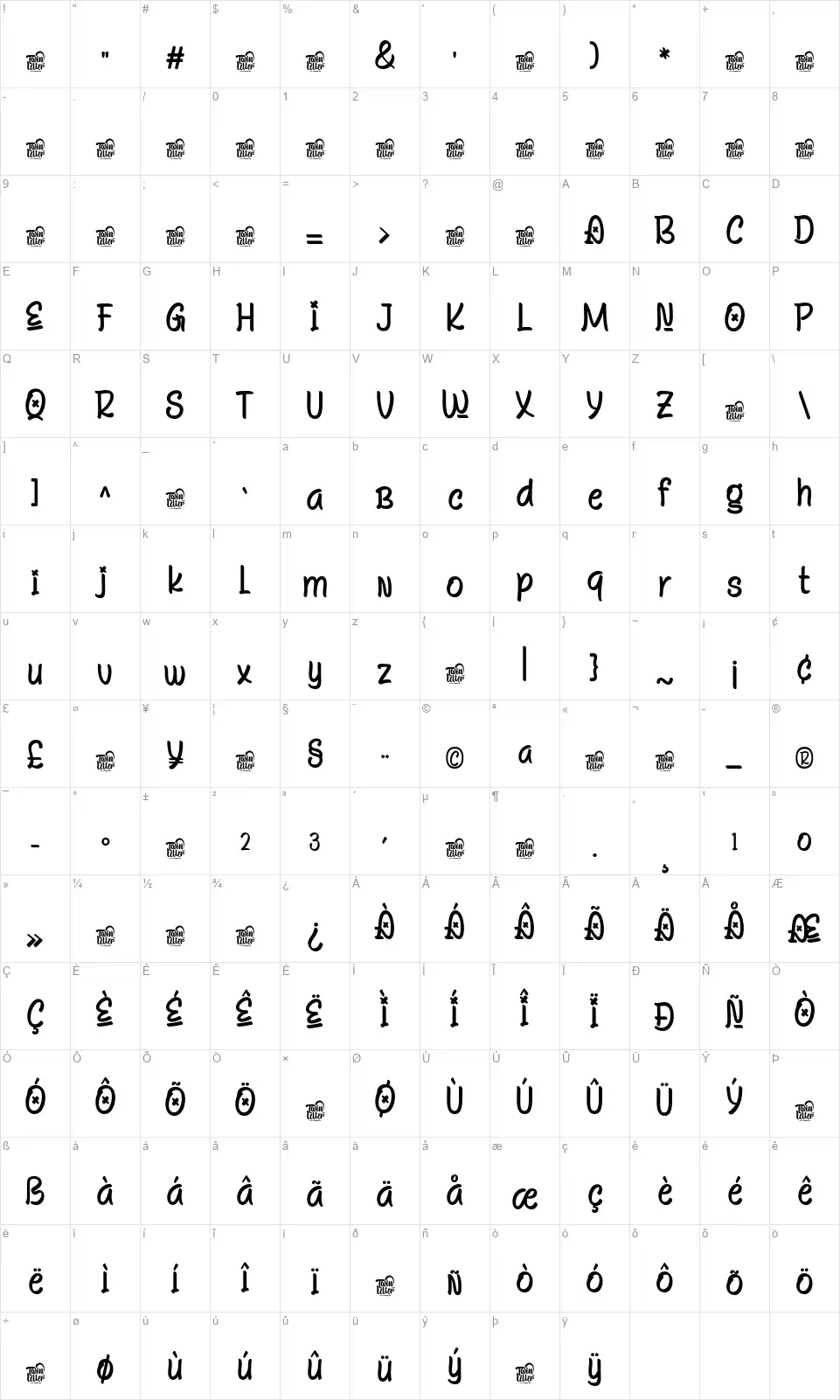 Gicarinfont character map
