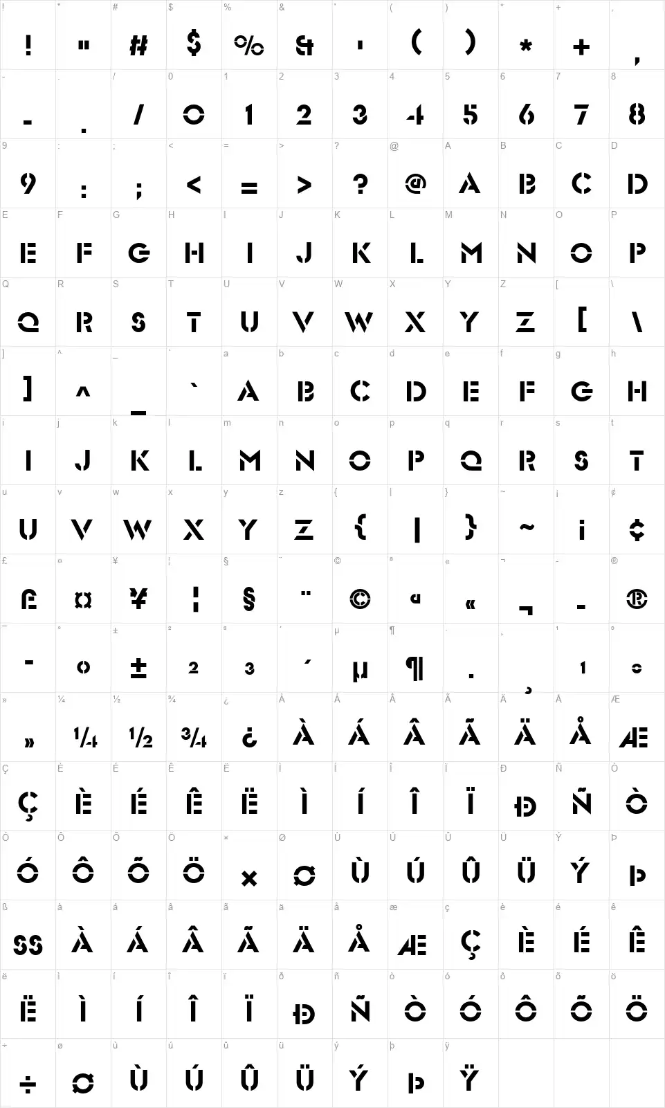 Glaser Stencilfont character map
