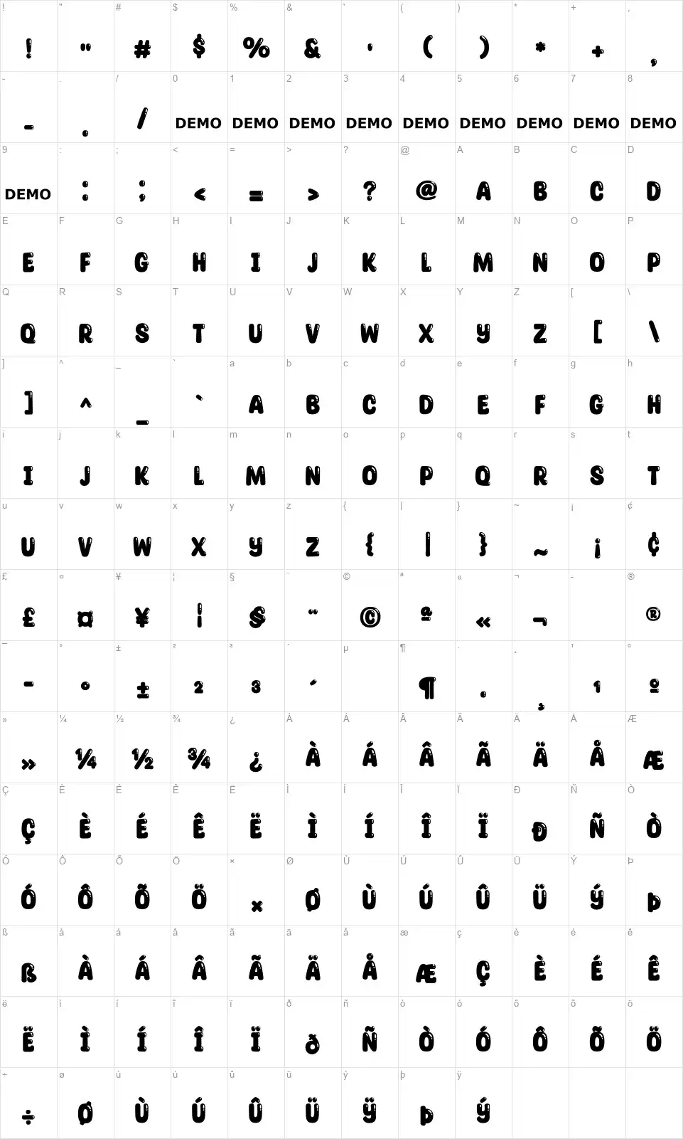 Glossy Sheenfont character map