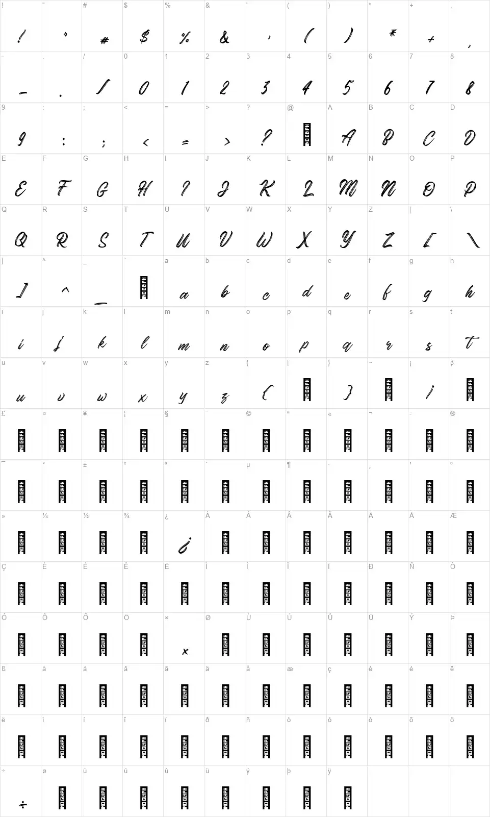 Gorgeous Script Typefacefont character map