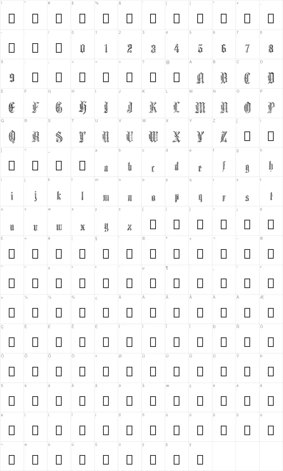 Graphic Textfont character map