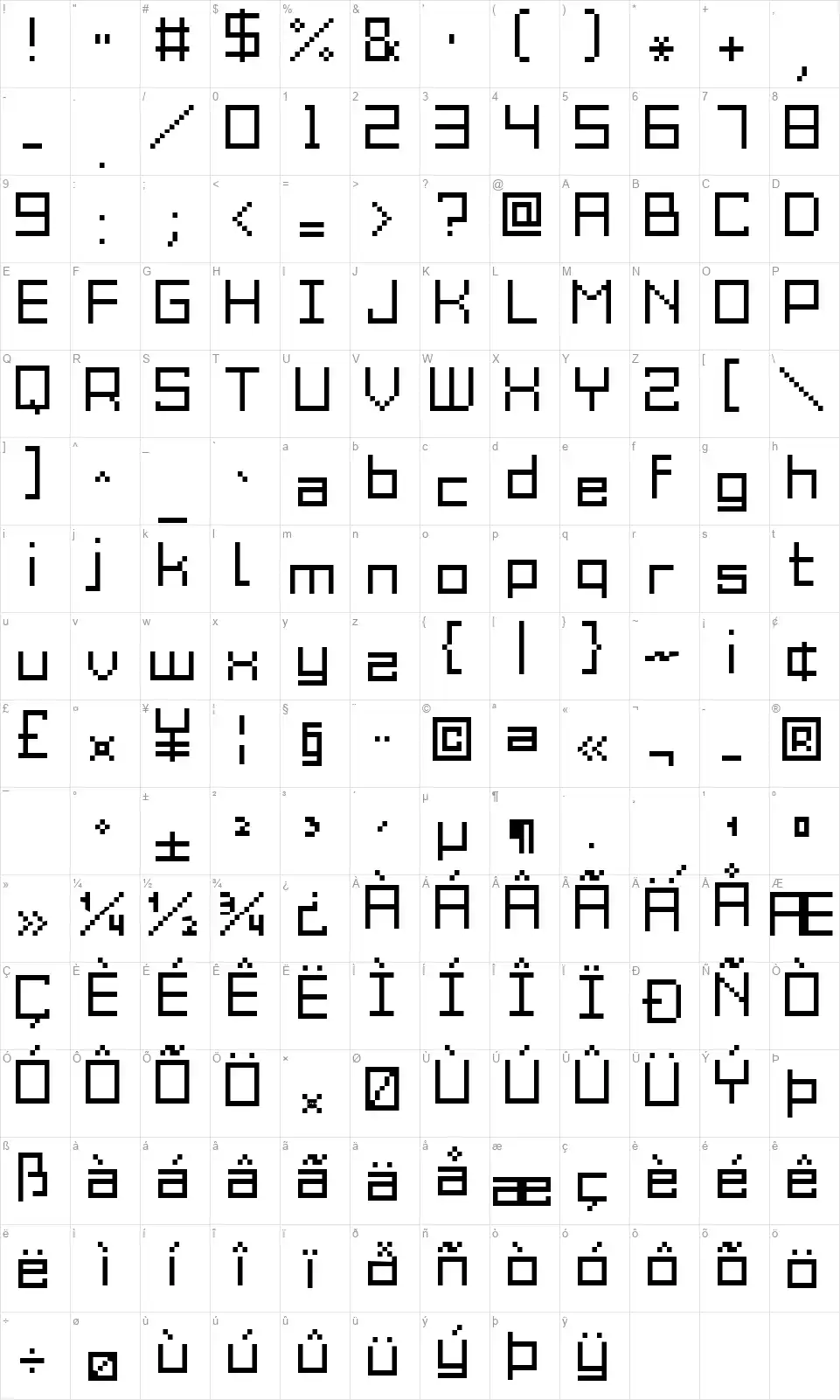 Grixel Acme 9font character map