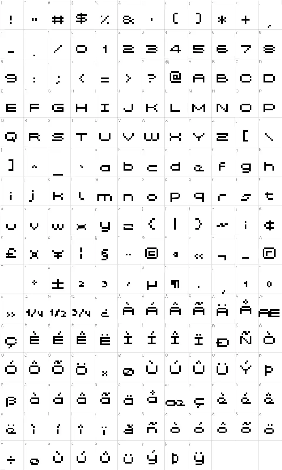 Grixel Kyrou 5 Widefont character map