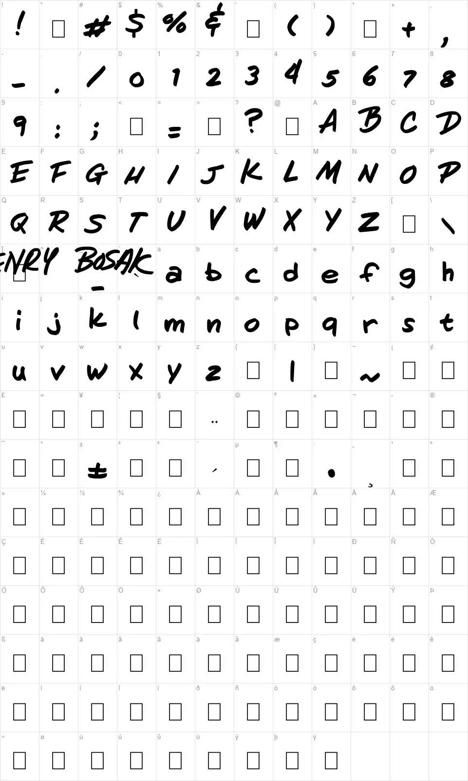 Hand of Henryfont character map