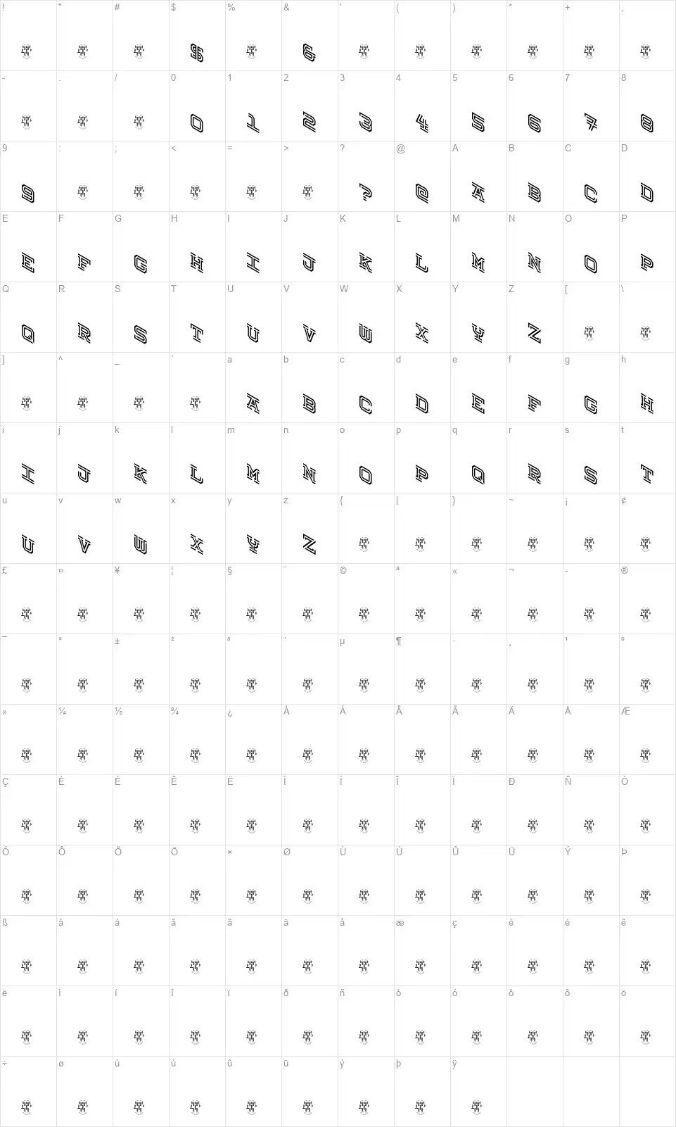 Hokjesgeest Cubefont character map