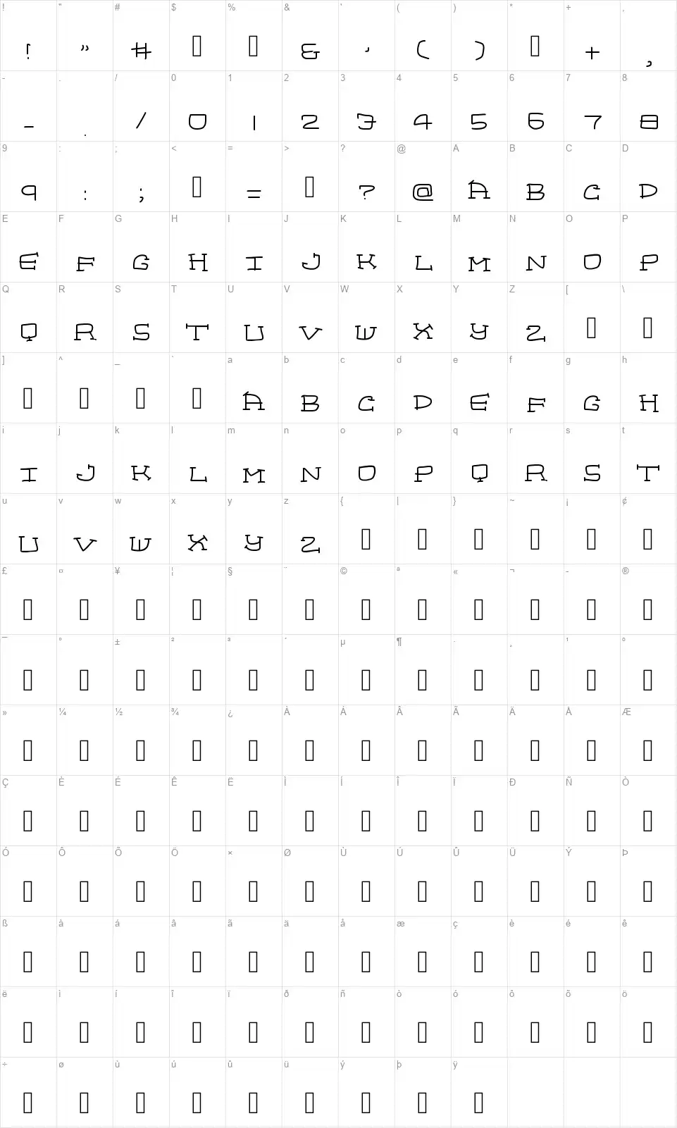 Homeboysfont character map