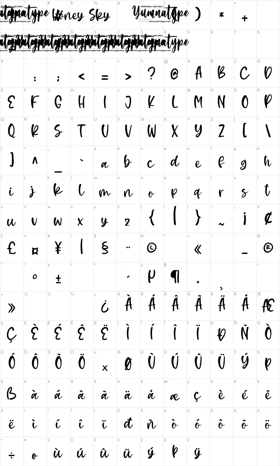 Honey Skyfont character map