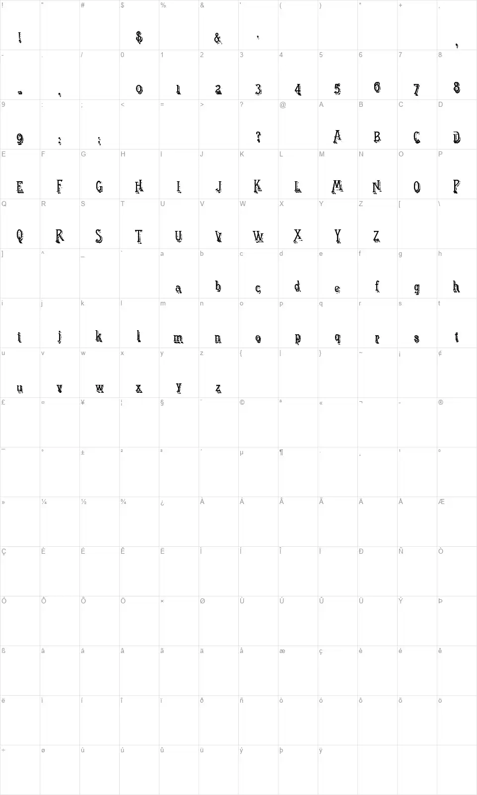 Horizontal Shadefont character map