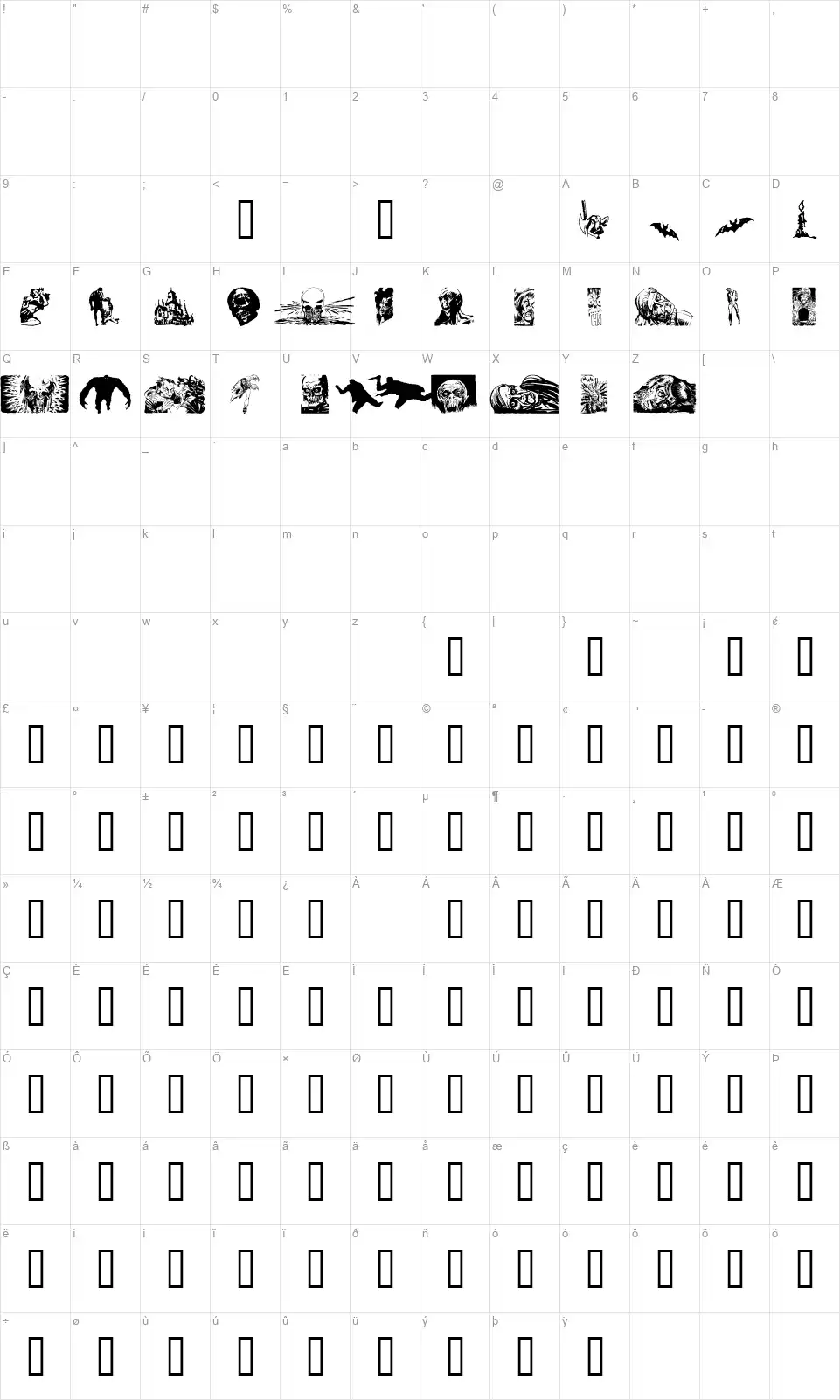 Horror Dingbats Eerie Editionfont character map