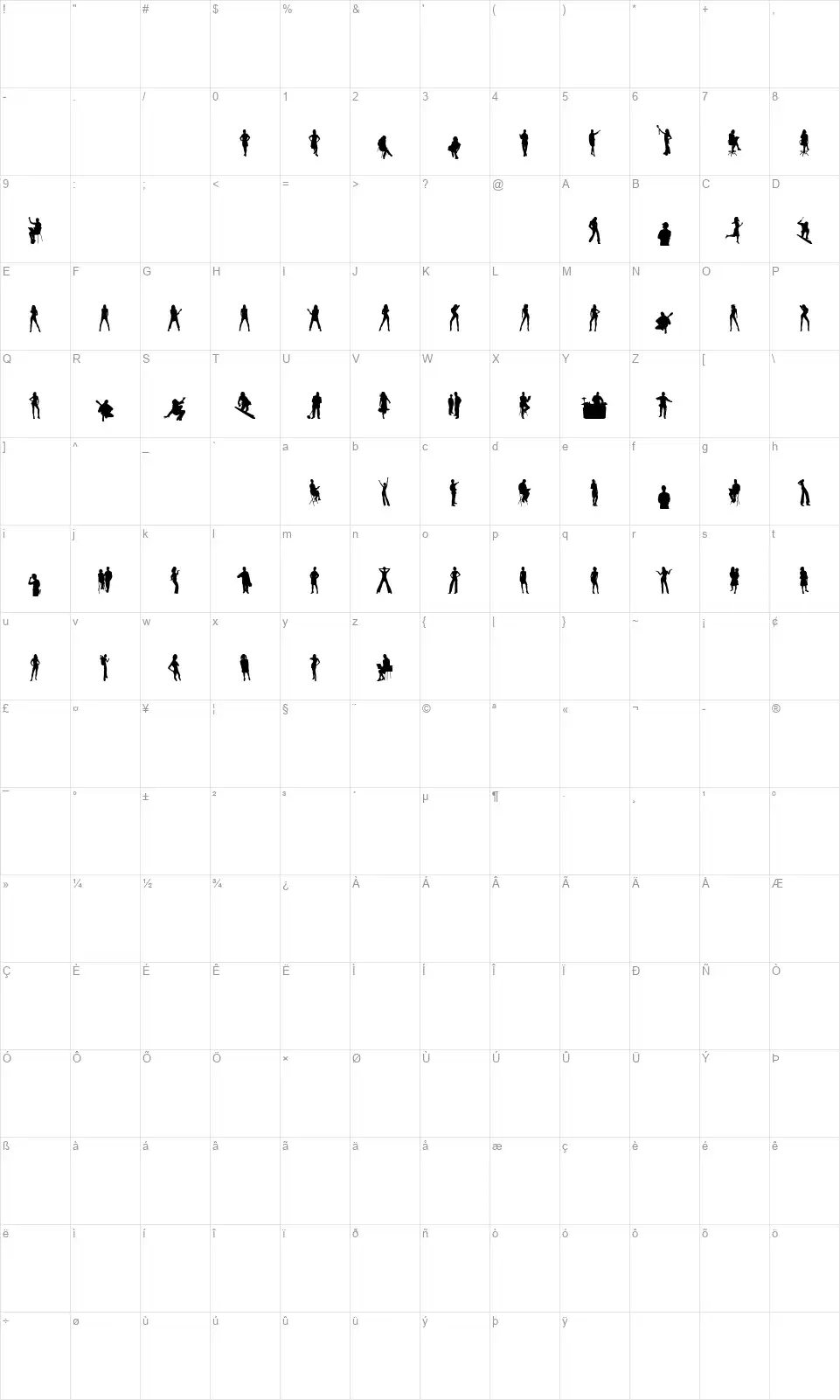 Human Silhouettesfont character map