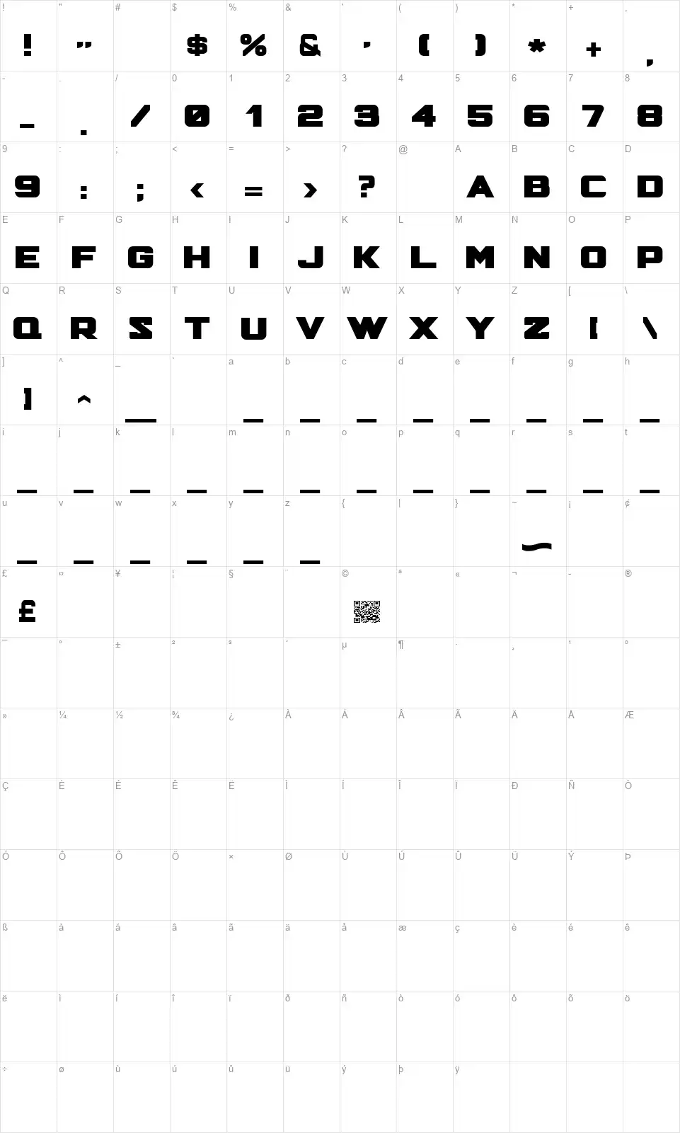 Hunter Squaredfont character map