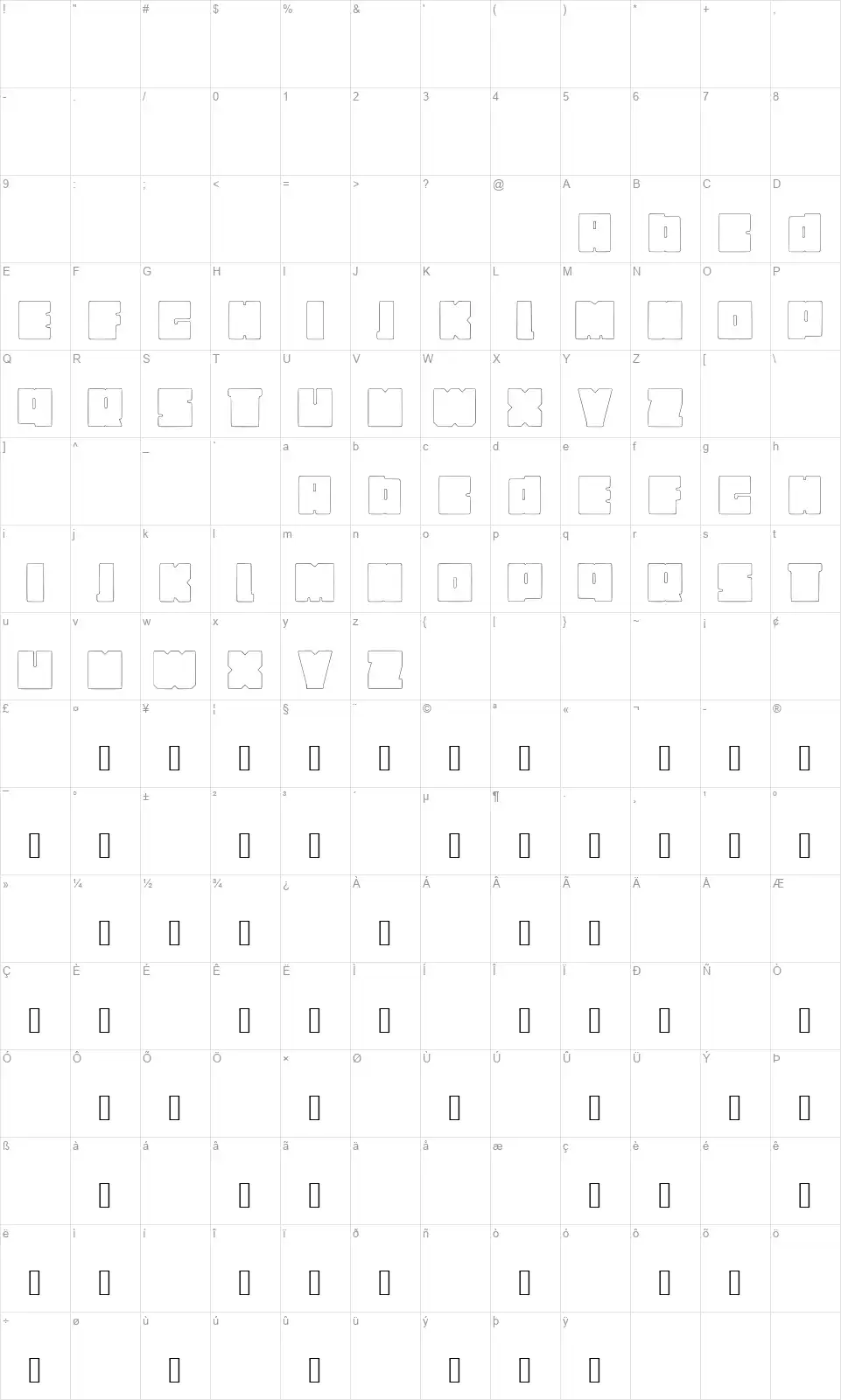 Infinityfont character map