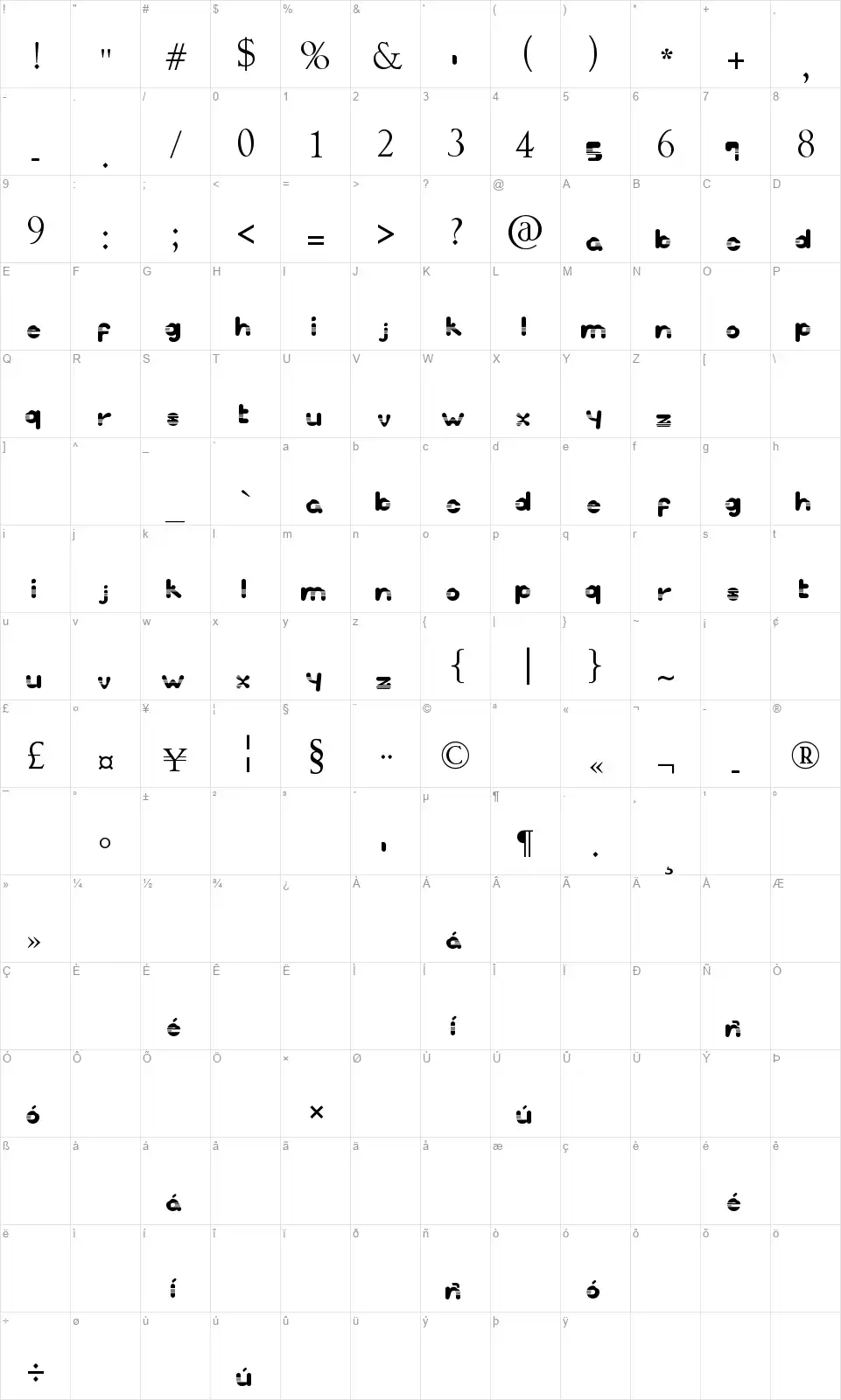 Insprettafont character map