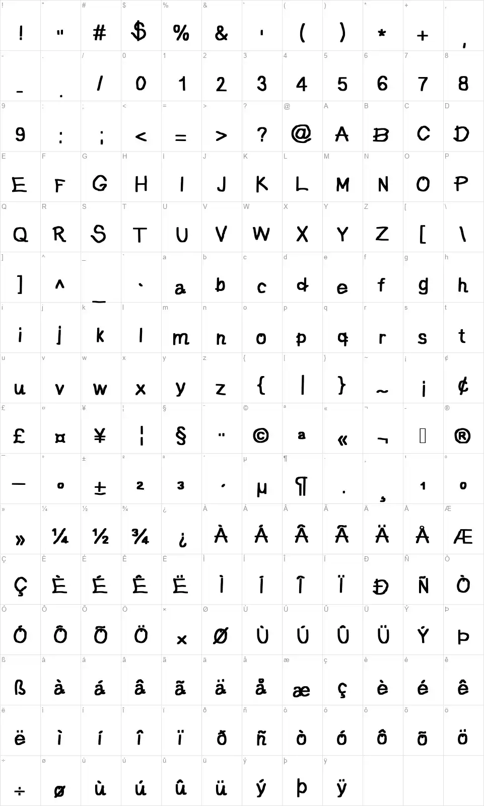 JD Picturafont character map