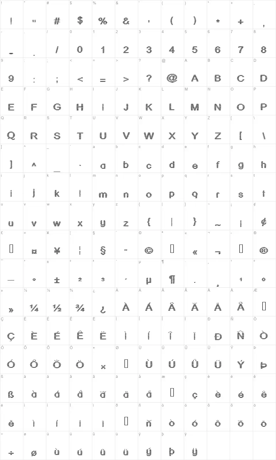JD Stripexfont character map