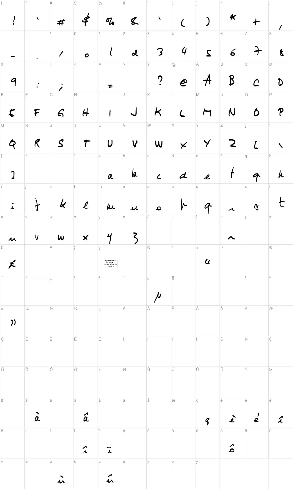 Jimmy 1font character map