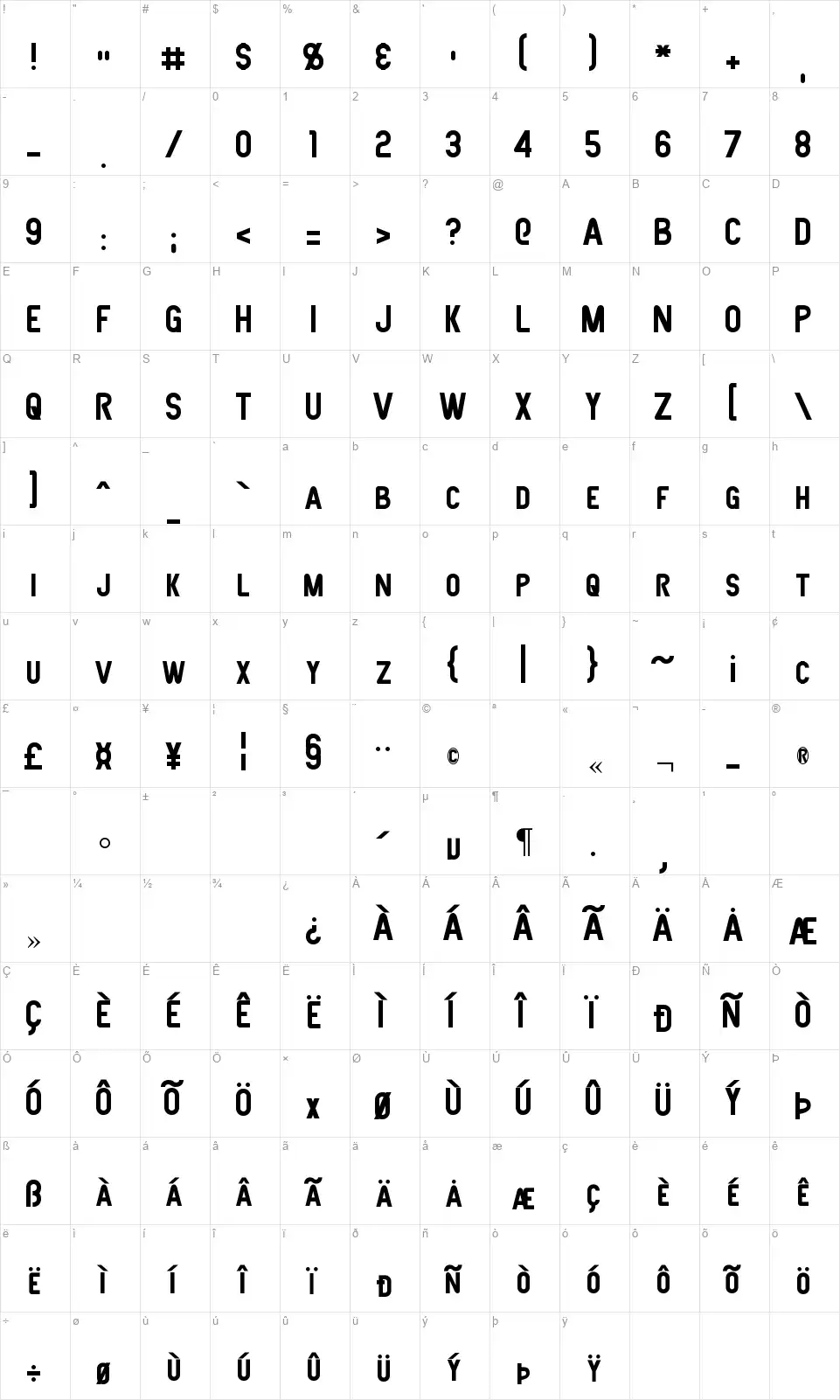 Joystickfont character map