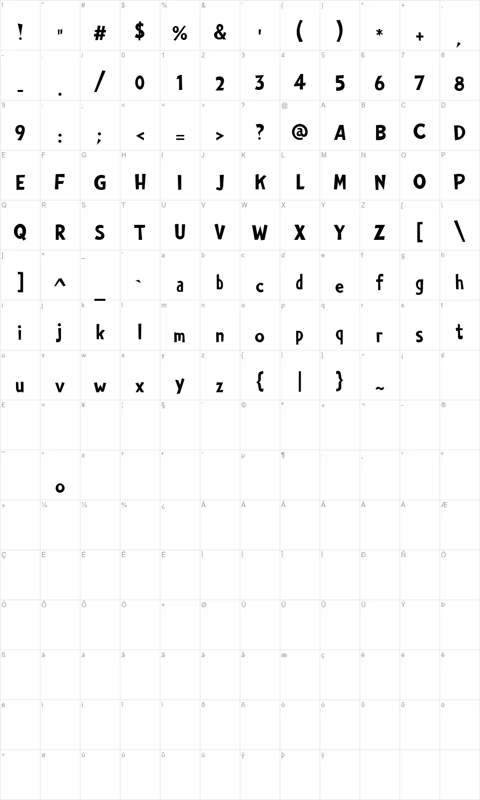 Kah Hootfont character map