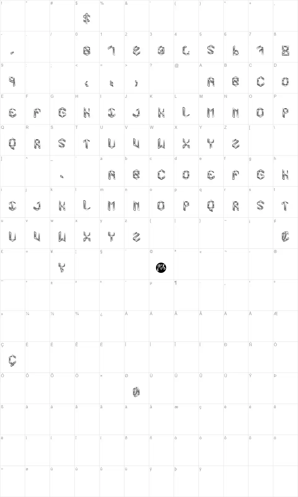 Level 01font character map