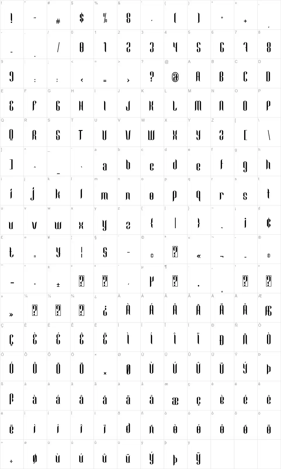 Looqiefont character map