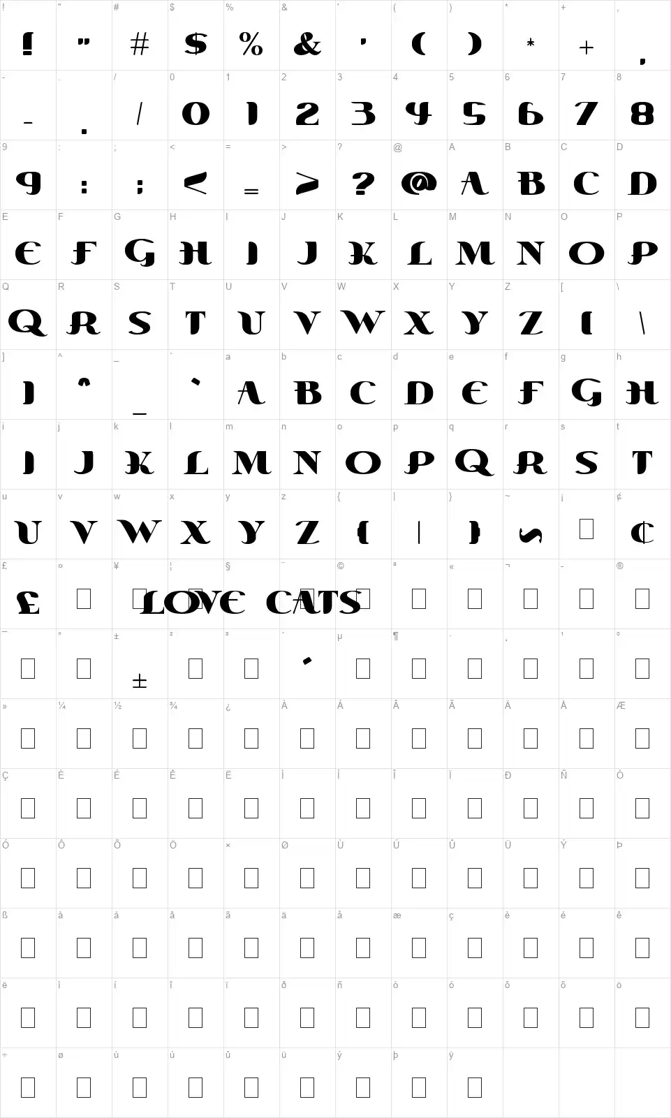 Love Catsfont character map