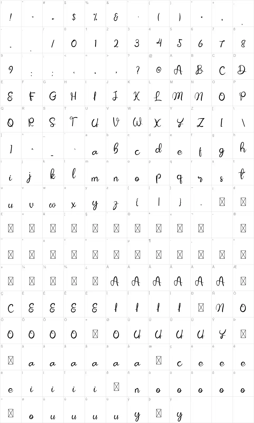 Love Yellowfont character map