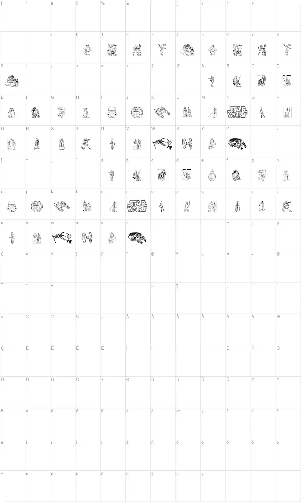 Lucas charactersfont character map