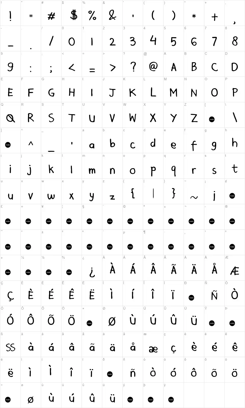 Mala's Handwritingfont character map