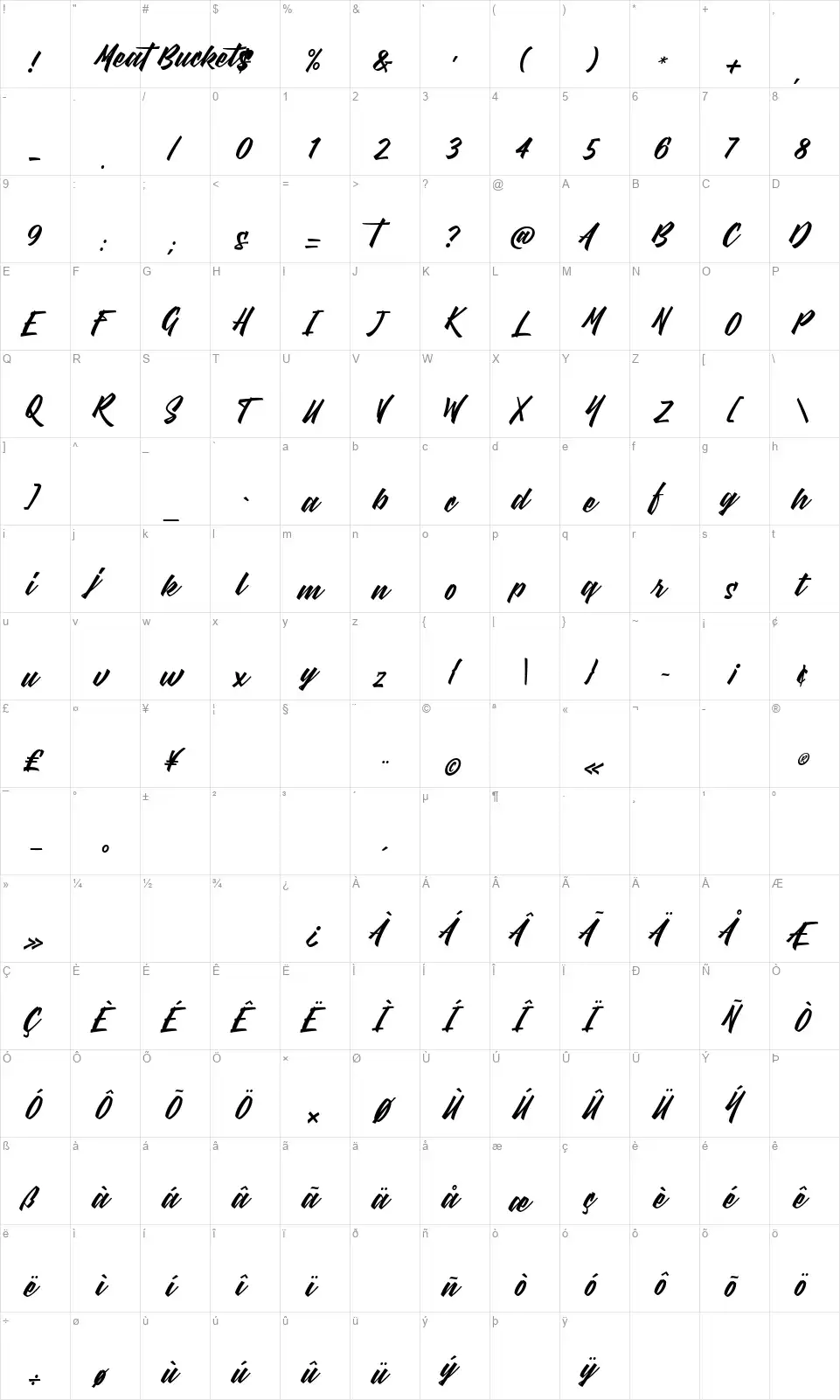 Meat Bucketsfont character map