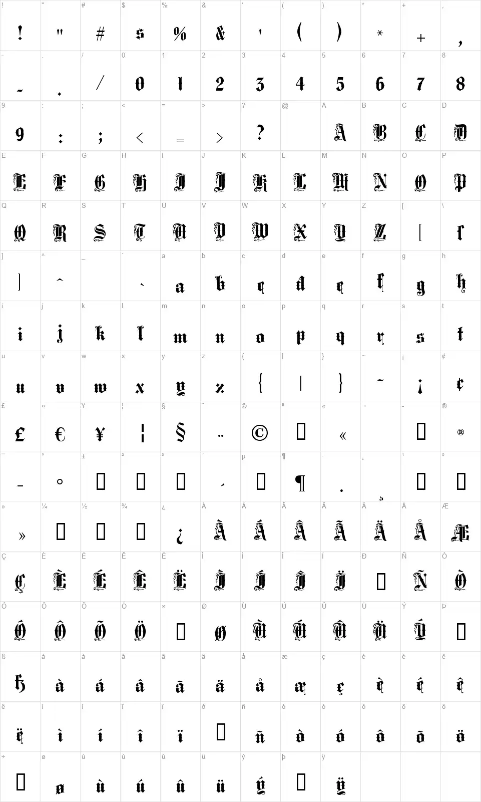 Middle Saxony Textfont character map