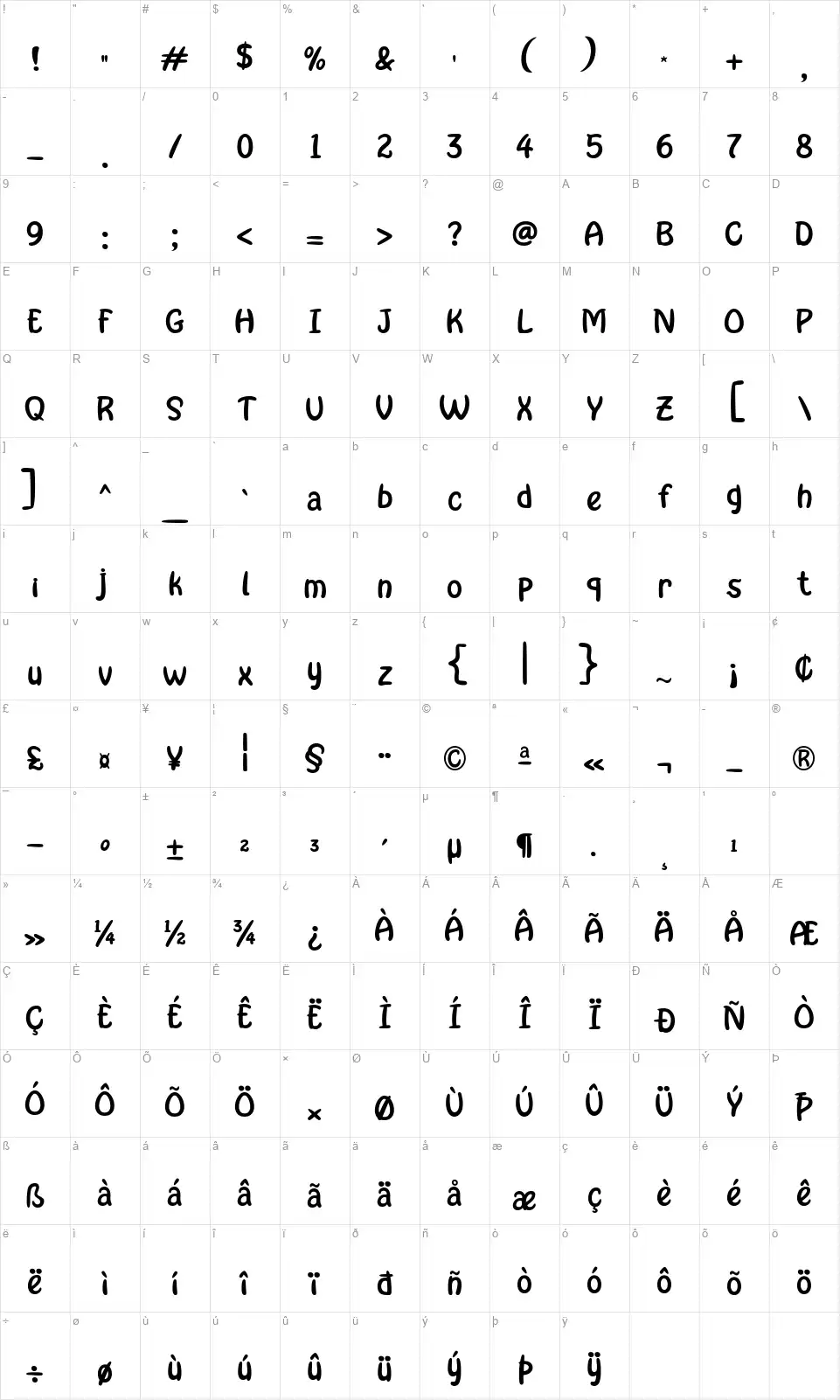 Misellia And Friendfont character map