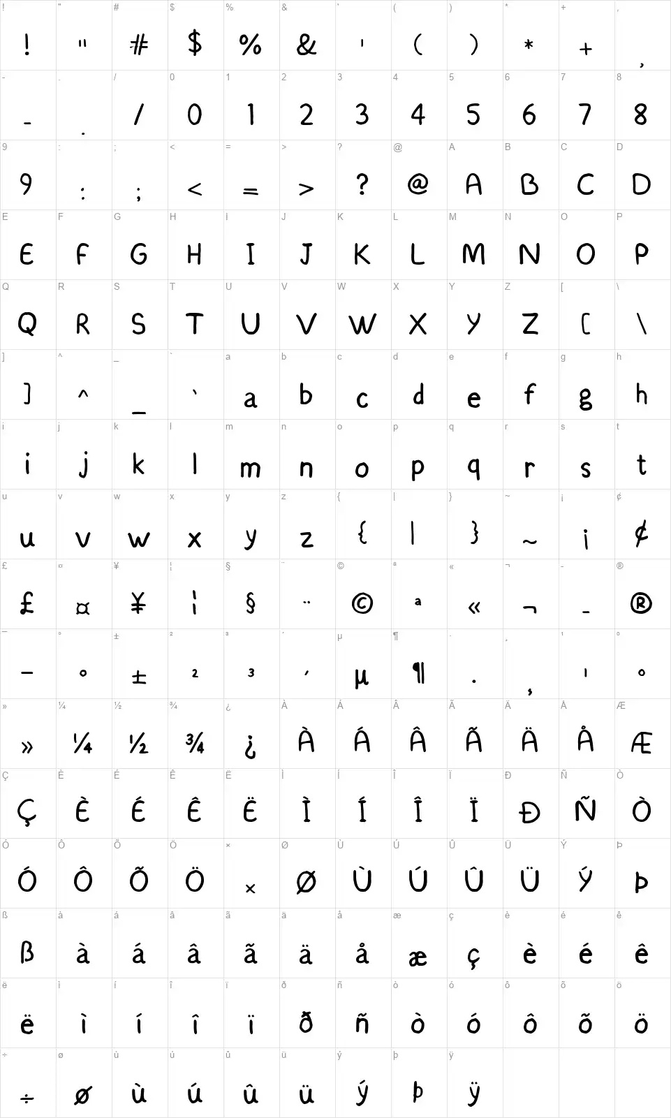 Modest Feltfont character map