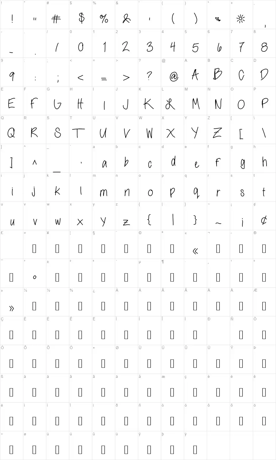 Morningfont character map