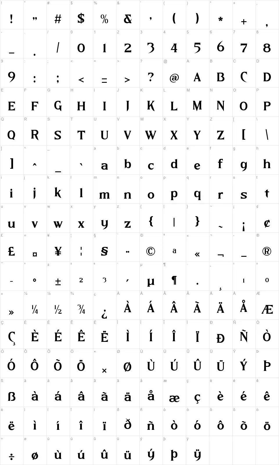 Nighttmer Horizon Mappa dei caratteri Nighttmer Horizonfont character map