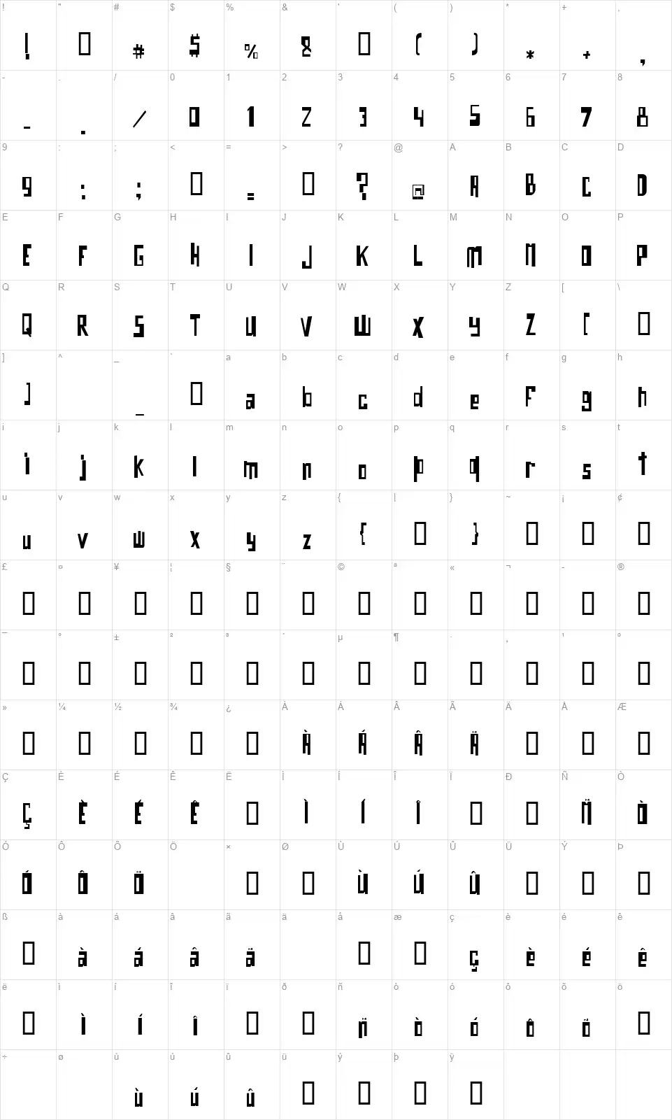 O Bichofont character map