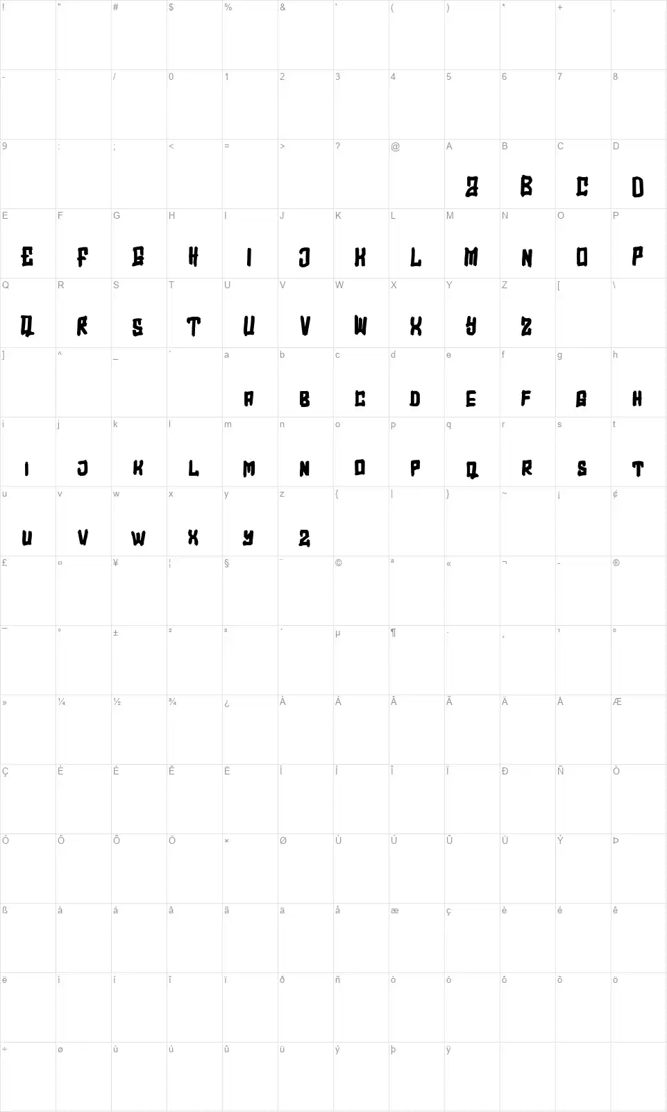 Overflyfont character map