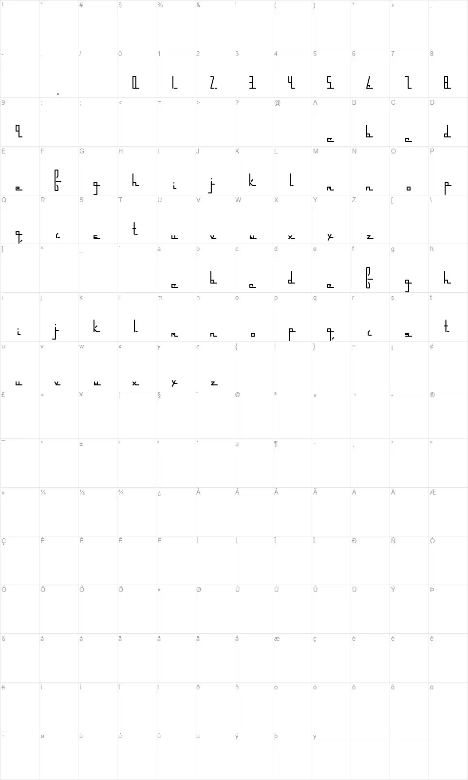 Parkway Extendedfont character map