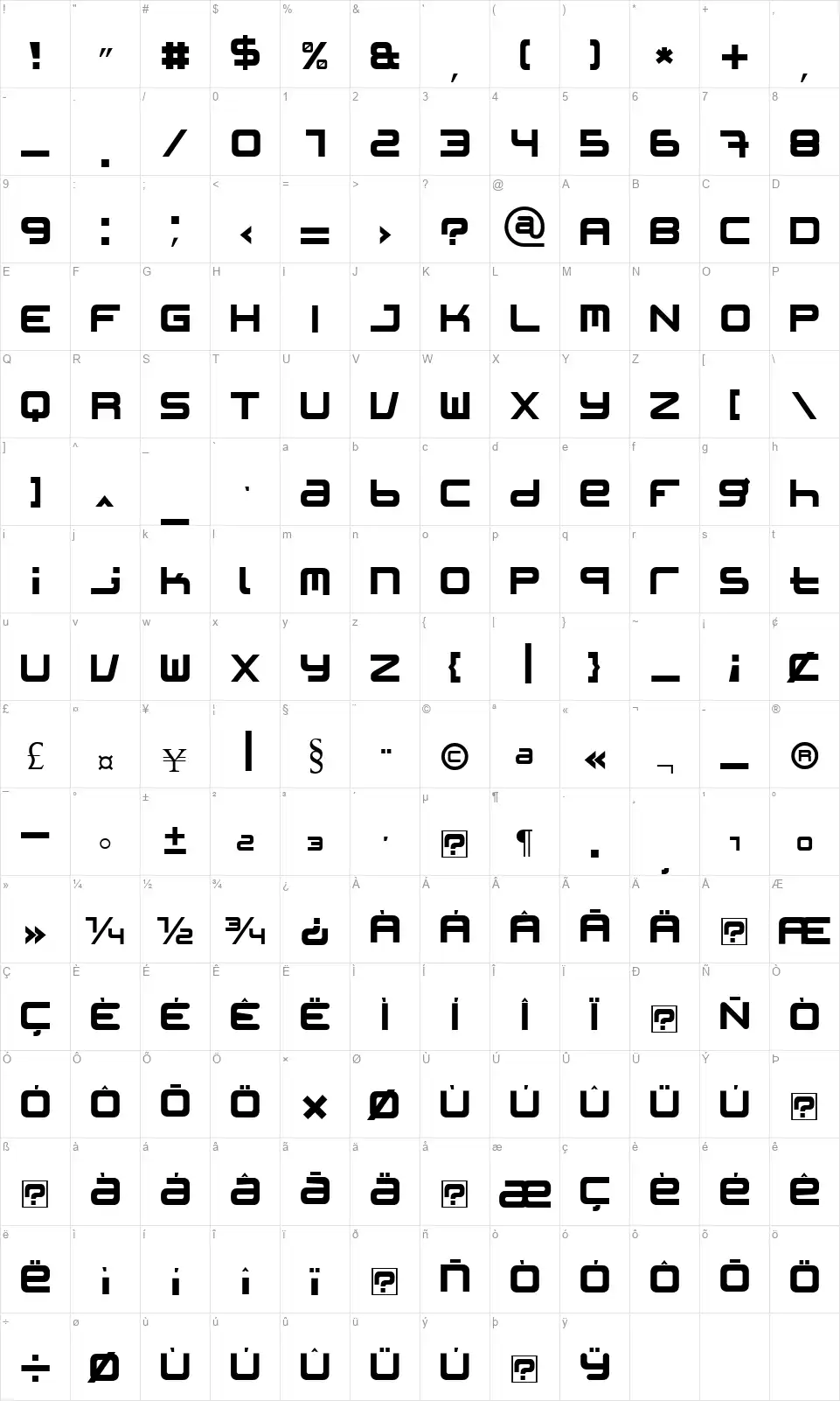 Patinio iAgencyfont character map