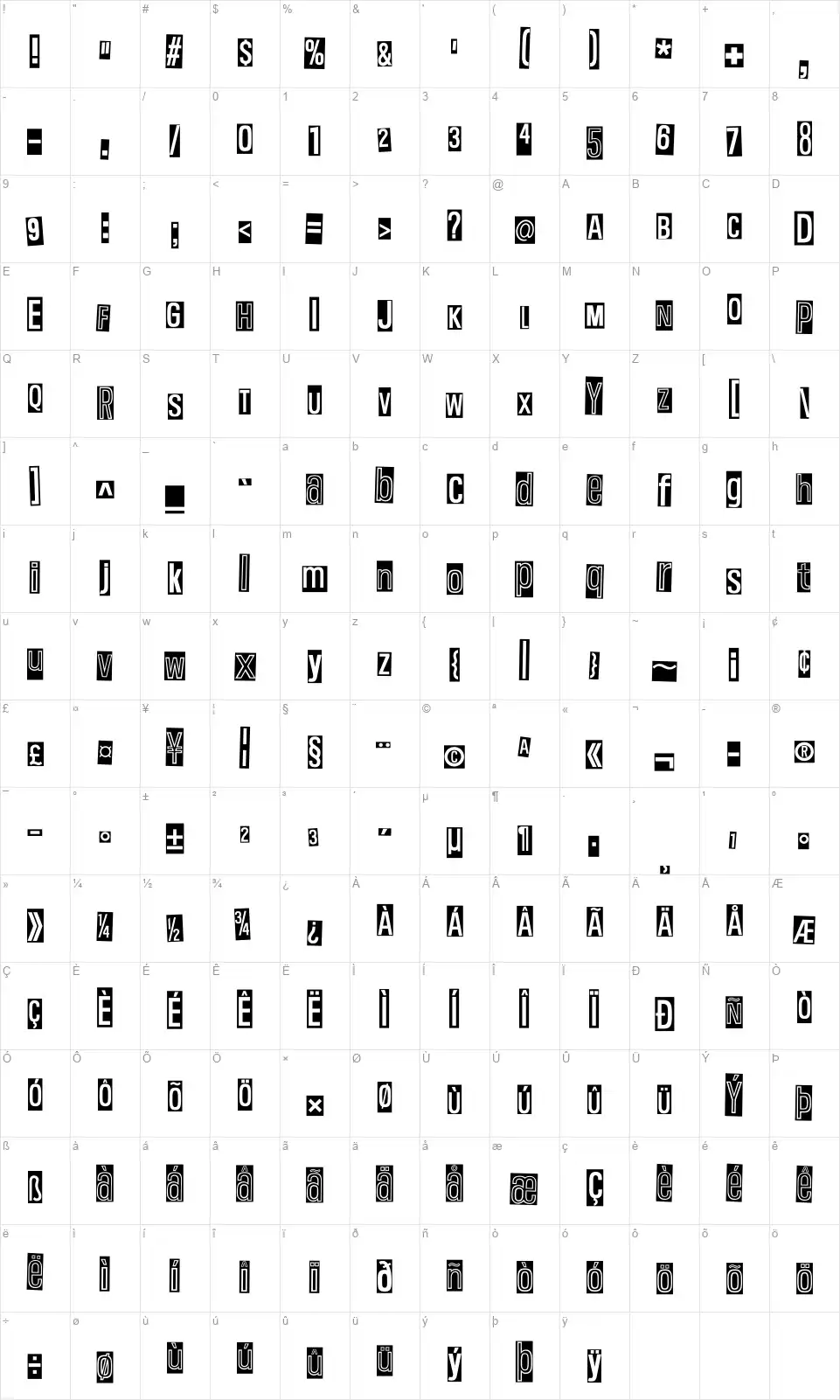 Pink Yellow Blackfont character map