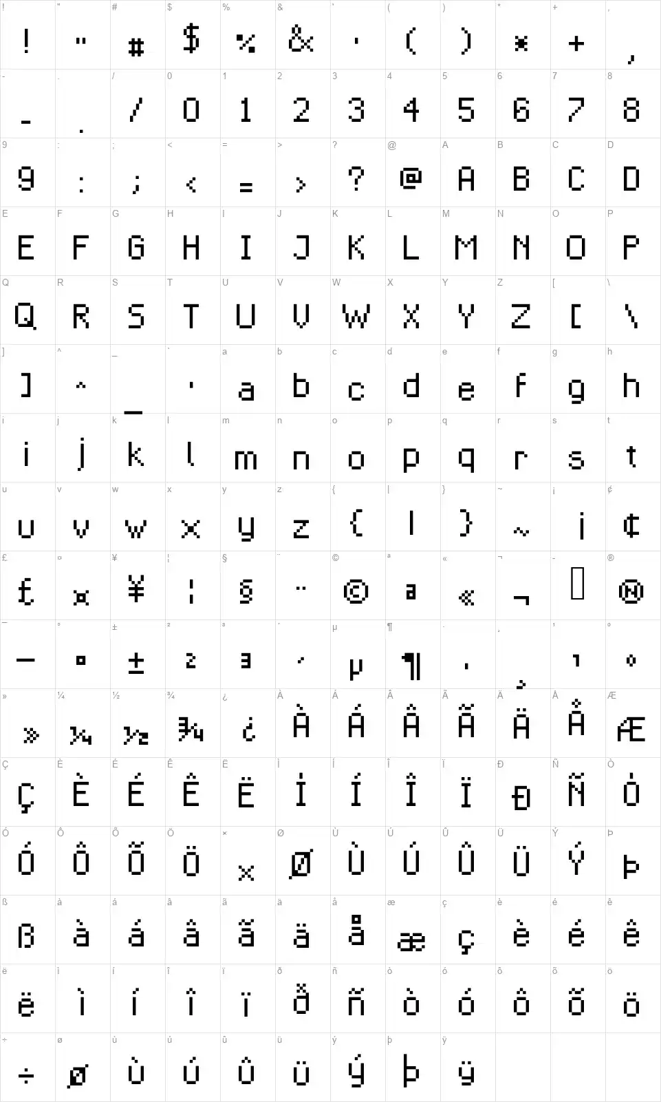Pixolletta 8pxfont character map