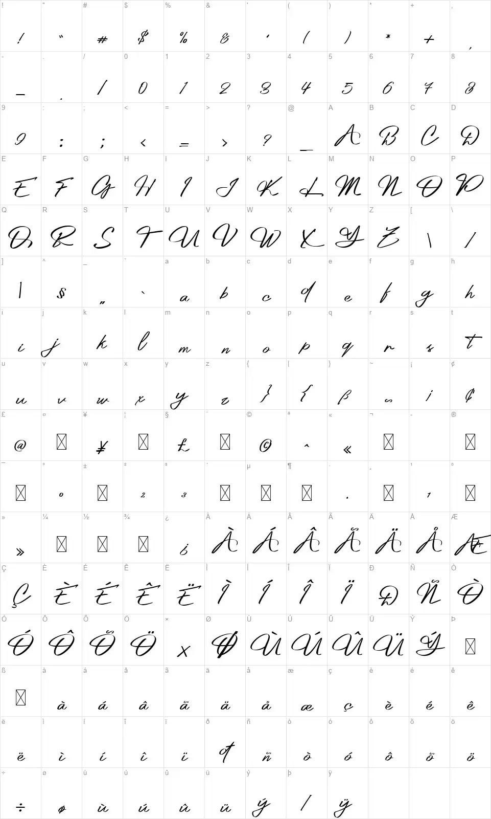 Platinum Signaturefont character map
