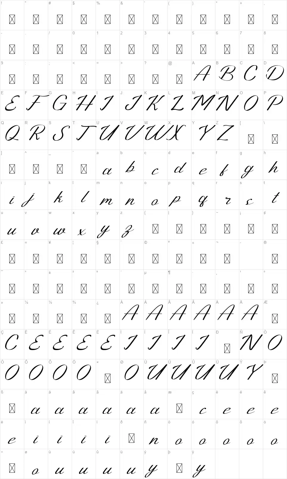 Preproductionfont character map