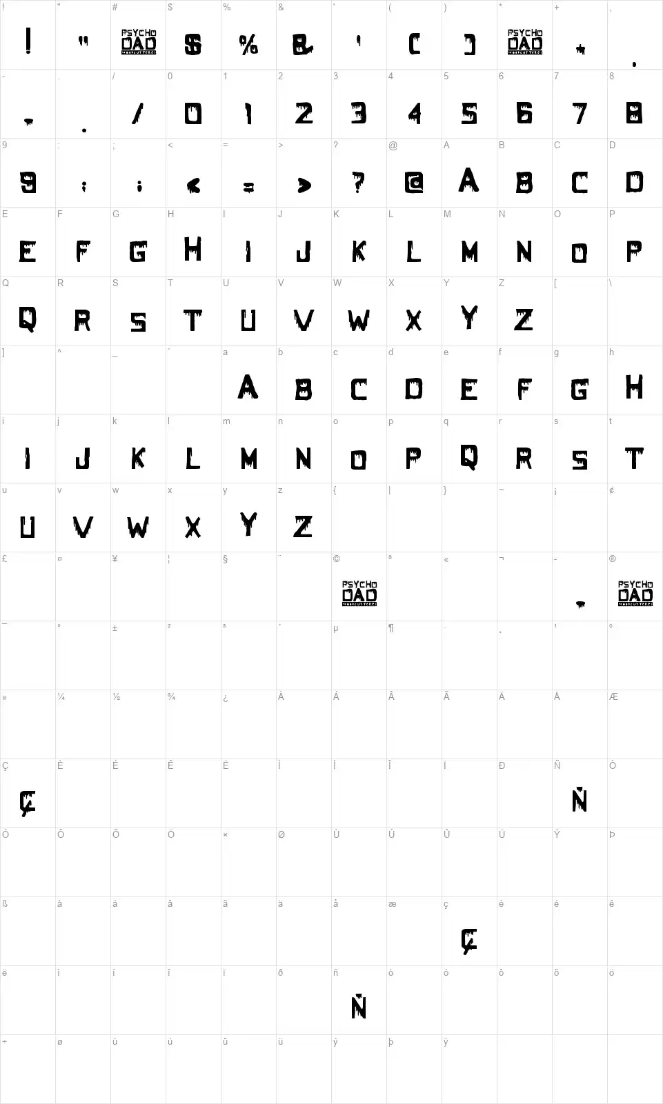Psycho Dadfont character map