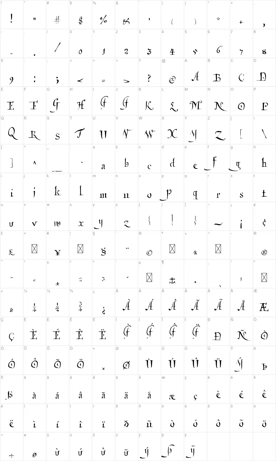 Qartagrafyfont character map