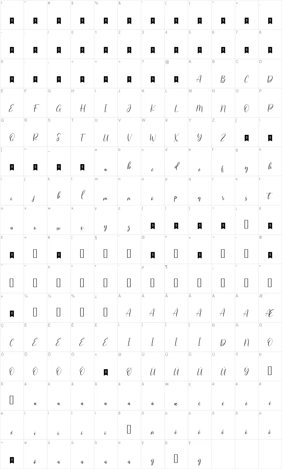 Qristallafont character map
