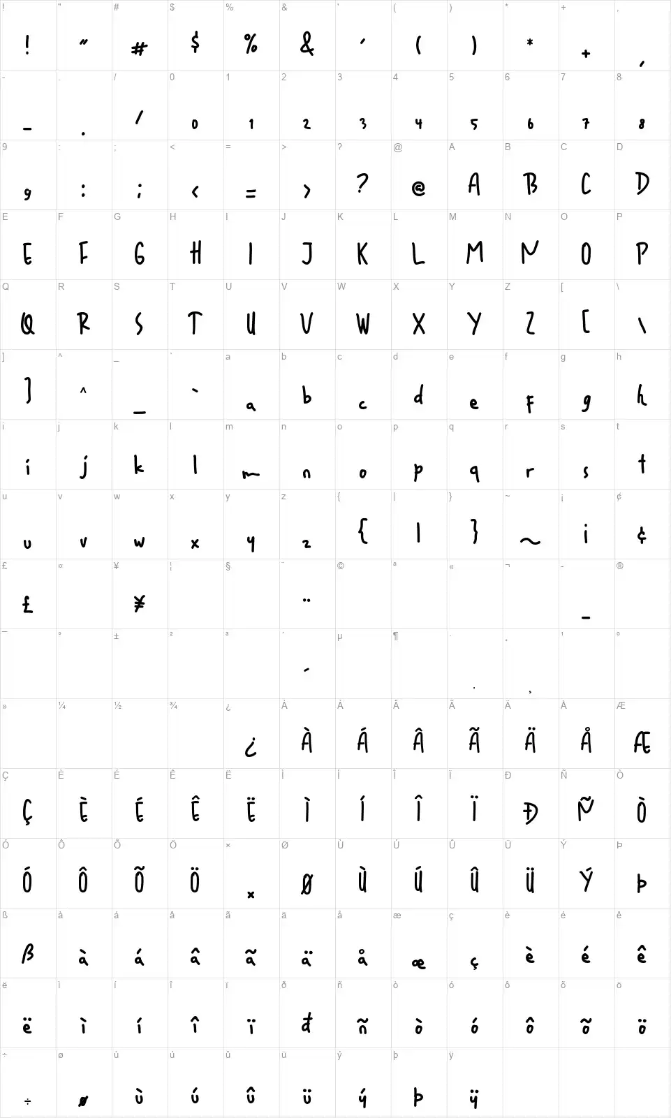 Raqilla Kidsfont character map
