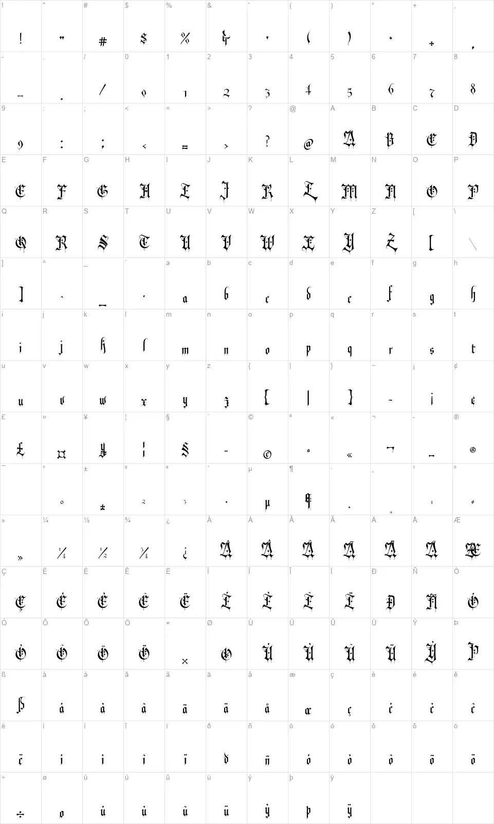 Revolver Blackletterfont character map