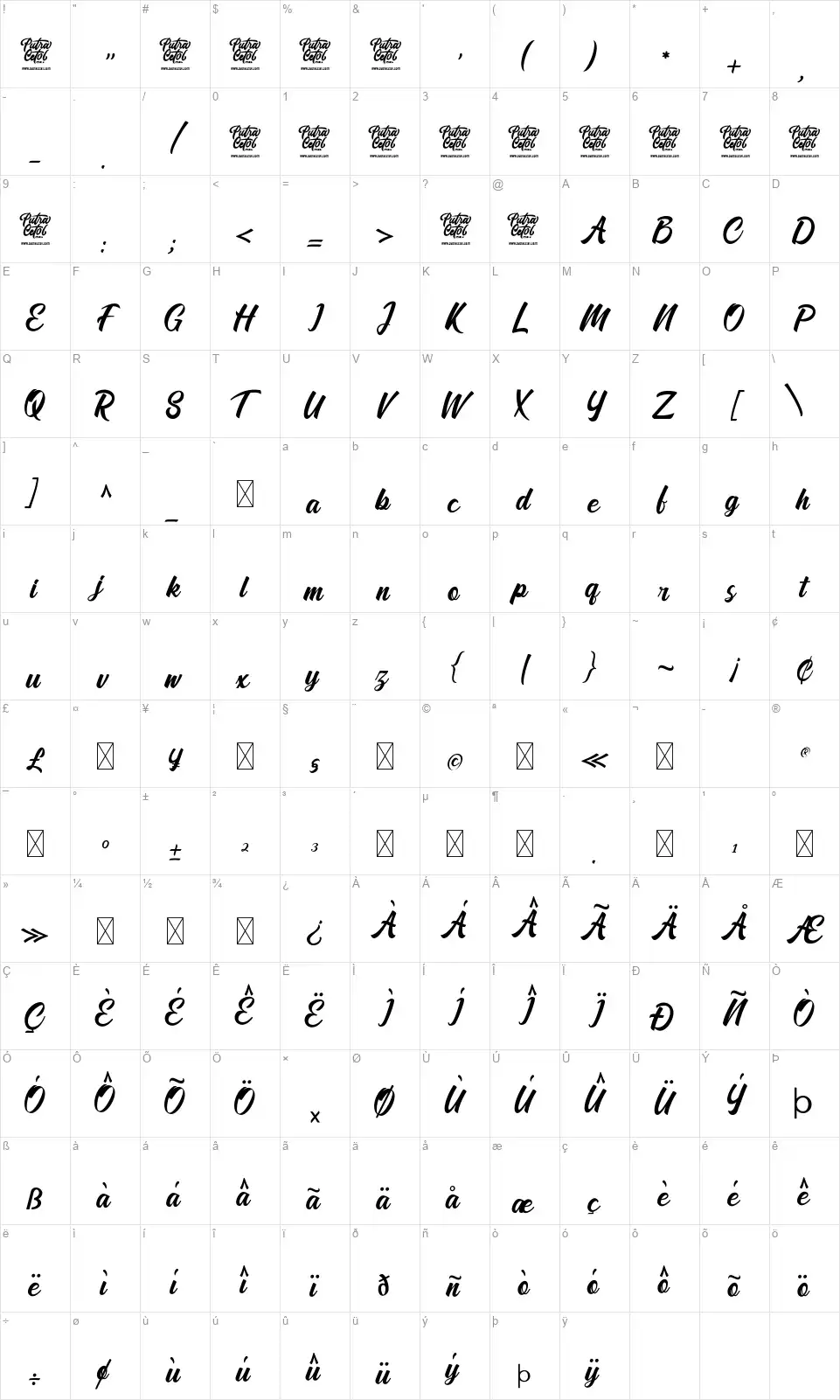 Roadstonefont character map