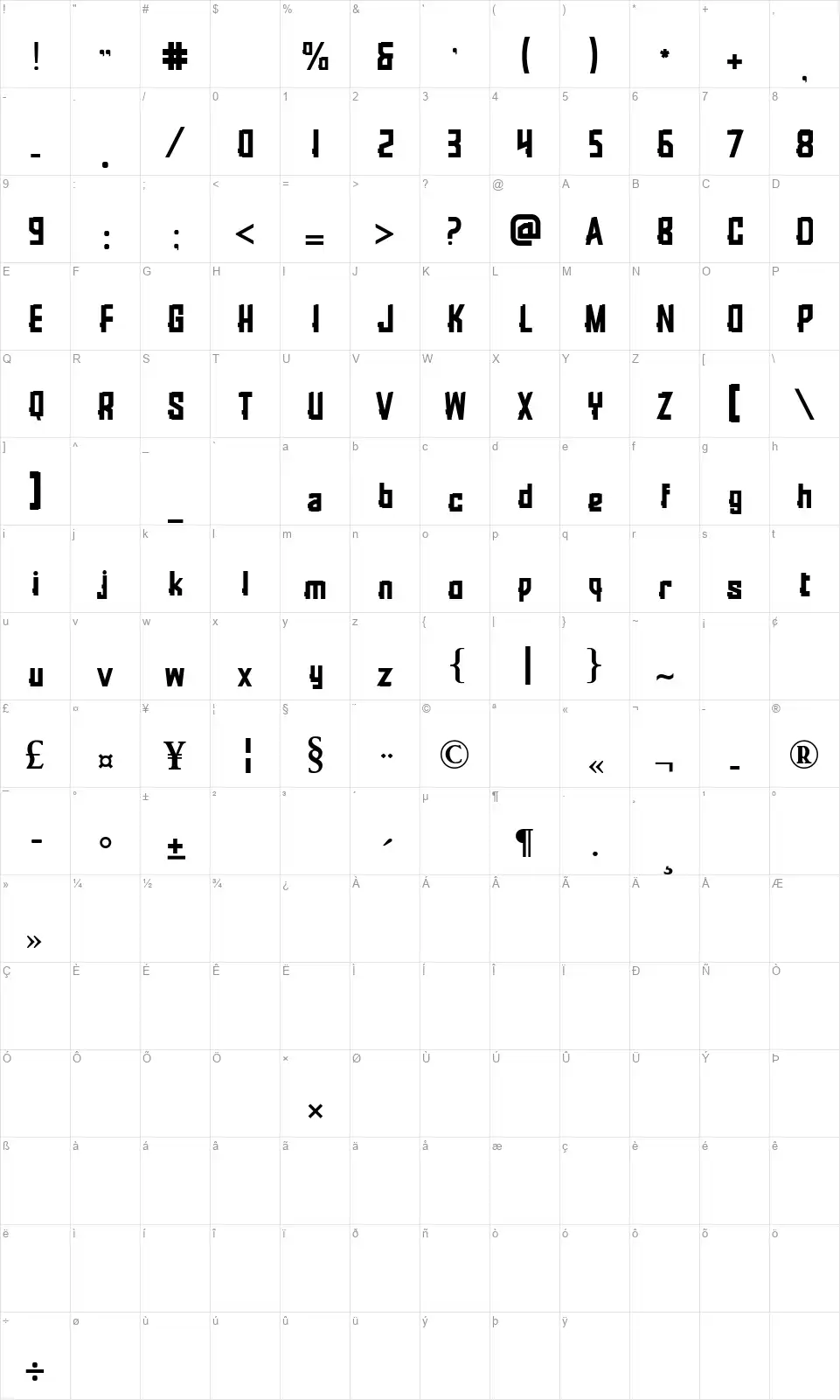 Rubrickfont character map